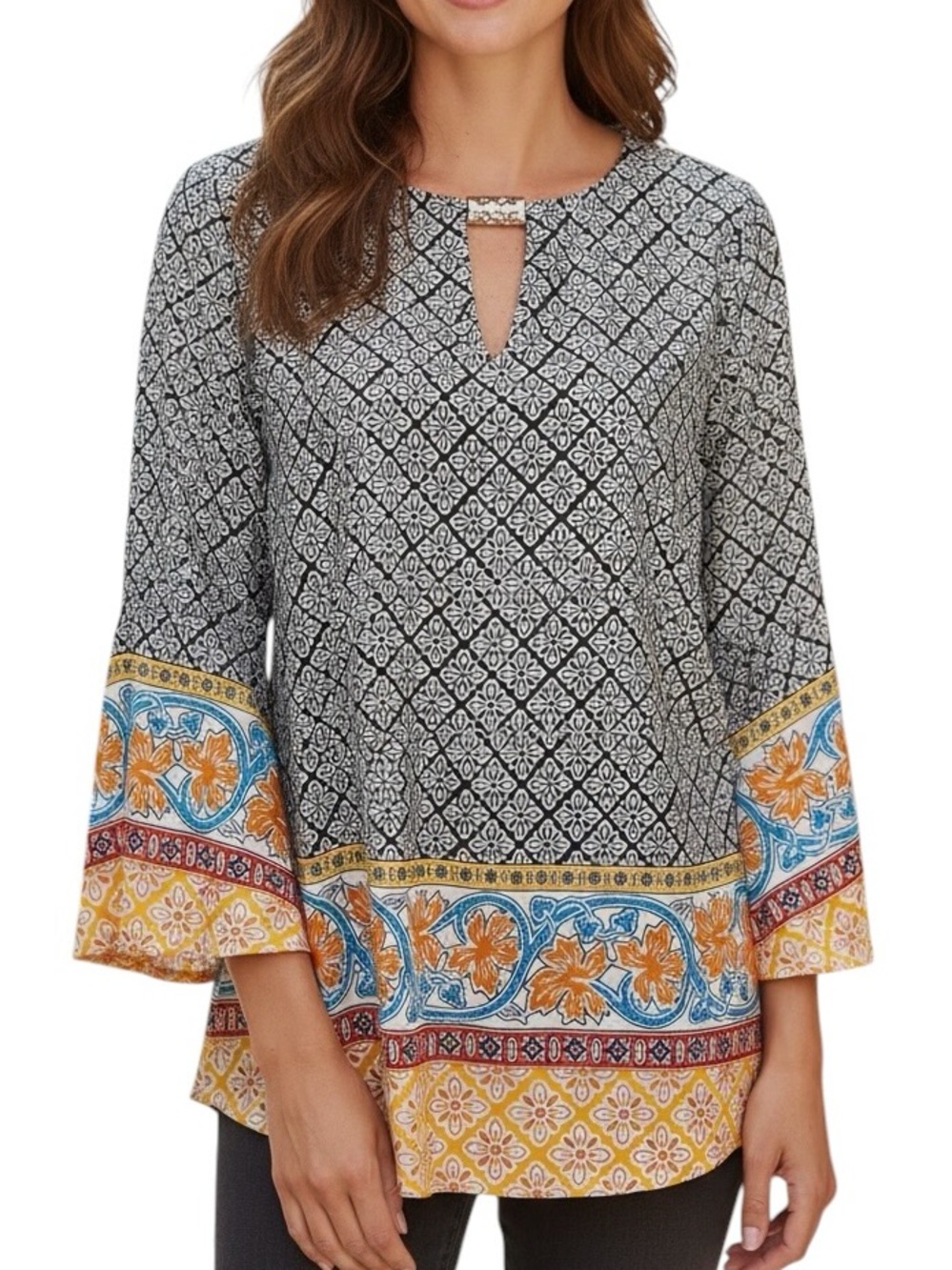 new directions Black Tunic with Yellow and Blue Border and Orange Accents